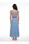 Blue Cotton Denim Wide Collar Relaxed Fit Flared Dress with Thick Straps and Faux Leather Belt - 2