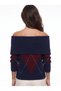 Navy Blue Burgundy Stretchy Knitwear Fabric Madonna Collar Diamond Patterned Standard Form Knitted Sweater - 2