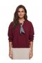 Burgundy Cotton Ottoman Textured Crew Neck Low Shoulder Sweatshirt with Scarf Detail - 2