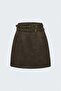 Suede Double Belted Mini Skirt - Brown - 3