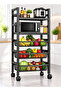 5-Tier Kitchen Storage Rack with Wheels, Microwave Stand with 2 Shelves & 3 Removable Wire Baskets, Carbon Steel Rolling Organizer for Fruit, Vegetables, Pantry & Coffee Bar, Black