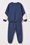 Boy's Embroidered 3 Thread Embroidered Fabric Top and Bottom Winter Tracksuit Set M00868 Indigo - 5