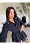Navy Blue Drawstring Waist Polo Collar Dress - 2