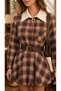 Women's Brown Plaid Balloon Skirt Dress with Collar Detail and Belt - 4