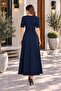 Women's Navy Blue Long Dress Half Sleeve Crew Neck - 4