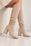 Women's Beige Suede Below-Knee Boots 7 cm Thick Heeled Stylish Daily Boots with Drawstring Detail - 5