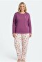Women's plus size pajama set with solid plum top, crew neck button-down, and patterned bottoms, 100% cotton.