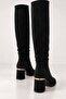 Women's Black Suede Below-Knee Boots, 7 cm Thick Heeled, Drawstring Detailed, Stylish Daily Boots - 4
