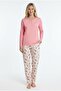 Women's pink 100% cotton jersey pajama set, long sleeve button-down collar, women's pajama set with pockets.
