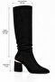 Women's Black Suede Below-Knee Boots, 7 cm Thick Heeled, Drawstring Detailed, Stylish Daily Boots - 2