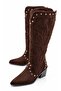 Statice Women's Suede Brown Embossed Embroidered Pointed Toe Thick Heeled Below the Knee Cowboy Boots - 5