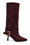 Emay Women's Burgundy Suede Gold Buckle Bellows Pointed Toe Thin Heeled Below the Knee Slouchy Boots - 3