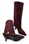 Emay Women's Burgundy Suede Gold Buckle Bellows Pointed Toe Thin Heeled Below the Knee Slouchy Boots - 6