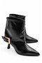 Janet Women's Black Leather Gold Buckle Pointed Toe Goblet Heeled Ankle Length Short Boots - 3