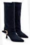 Emay Women's Suede Navy Blue Gold Buckle Bellows Pointed Toe Thin Heeled Below the Knee Slouchy Boots - 2