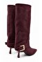 Emay Women's Burgundy Suede Gold Buckle Bellows Pointed Toe Thin Heeled Below the Knee Slouchy Boots - 7