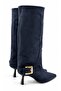 Emay Women's Suede Navy Blue Gold Buckle Bellows Pointed Toe Thin Heeled Below the Knee Slouchy Boots - 6