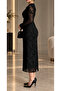 Double-Breasted Collar Brooch Detailed Flock Print Gold Glitter Dress - 3