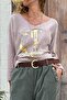 Italian Beige V-Neck Soft Textured Foil Printed Casual Sweater 65 50 - 2