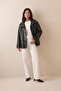Women's Brsk Long Oversize Zippered Black Leather Jacket with Flap Pockets - 5