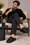 Men's House Slippers Black Leather Fur Lined Plush Warm Sole Winter Comfortable Slippers Dowry Slippers - 8