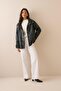 Zr Long Oversize Flap Pocket Zipper Closure Black Women's Leather Jacket