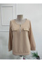 Women's long sleeve waffle knit blouse with collar, zipper detail, and decorative pockets. - 4