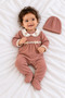 Baby Girl Set - Romper Set with Floral Embroidery and Lace Collar, 2-Piece Beanie Romper Set
