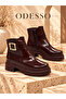 Bitter Brown Stone Square Buckle Thick Sole Zippered Boots Short Ankle Casual Boots - 3