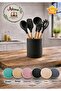 5-Piece Colorful,Wooden Strappy Silicone Kitchen Serving Set-Flame-Resistant Non-Stick Ladle Spatula Spoon Brush