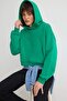 Green Thick Fleece Inside Hooded Kangaroo Pocket Oversize Crop Knitted Sweatshirt Twoaw27Sw00141