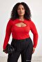 Red Cut Out Detailed Body Fitting Soft Buttoned Flexible Knitted Blouse Tbbaw27Af00042