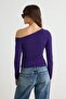 Dark Purple Fitted Off-Shoulder Accessory Detailed Asymmetrical Collar Stretch Knitted Blouse Twoaw26Bz00075 - 4