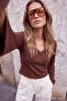 Brown Plain Fitted V-Neck Spanish Sleeve Crop/Short Cotton Stretch Knitted Blouse Twoaw27Bz00079 - 4