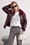 Bordo Oversize Kalıp Peluş Detaylı Biker Ceket Mont TWOAW25MO00032 - 2