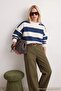 Navy Blue Ecru Striped Oversize/Wide Cut Crew Neck Knitted Sweatshirt Twoaw27Sw00168
