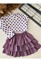 Girl's Lilac Layered Ruffle Skirt and White and Purple Heart Patterned Ribbed Long Sleeve Blouse Two-Piece Set