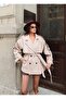 Women's Stone Color Coat Short Length Buttoned Belted New Season Outerwear - 8