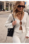 Women's White Ring Detailed Low-Cut Long Sleeve Crop Blouse and Palazzo Trousers Two-Piece Knitwear Set - 3