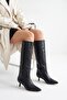Women's Retro Short Heeled Boots - Black-Leather - 2