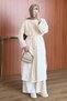 Women's Cupra Pike Long Cardigan Blouse Wide Leg Pants Abaya Set Ecru 1217 - Premium Series - 5