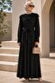 Stone Embellished Belted Tanya Black Hijab Evening Dress 15649S
