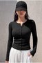 Women's Black Ribbed Camisole Full Button Flexible Button Detail Long Sleeve Crew Neck Cardigan Blouse - 2