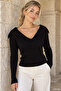 Black Women's Turn-Down Collar Ribbed Lycra Knitwear Blouse