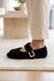 Women's Black Buckle Mary Jane Feathered Casual Ballerinas Byndmj003 - 2
