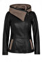 Black Antonia Knitwear Hooded Women's Genuine Leather Coat - 5