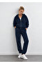 Viviana Navy Blue Hooded Embroidered Zippered Standard Fit Women's Sweatshirt - 2