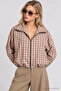 Plaid Patterned Bomber Jacket Laz0021 Beige Brown - 4