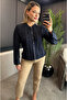 Navy Blue Knitwear Cardigan with Lurex Fine Woven Detail - 4