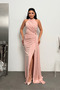 Crystal Fabric Halter Neck Evening Dress - Pudra